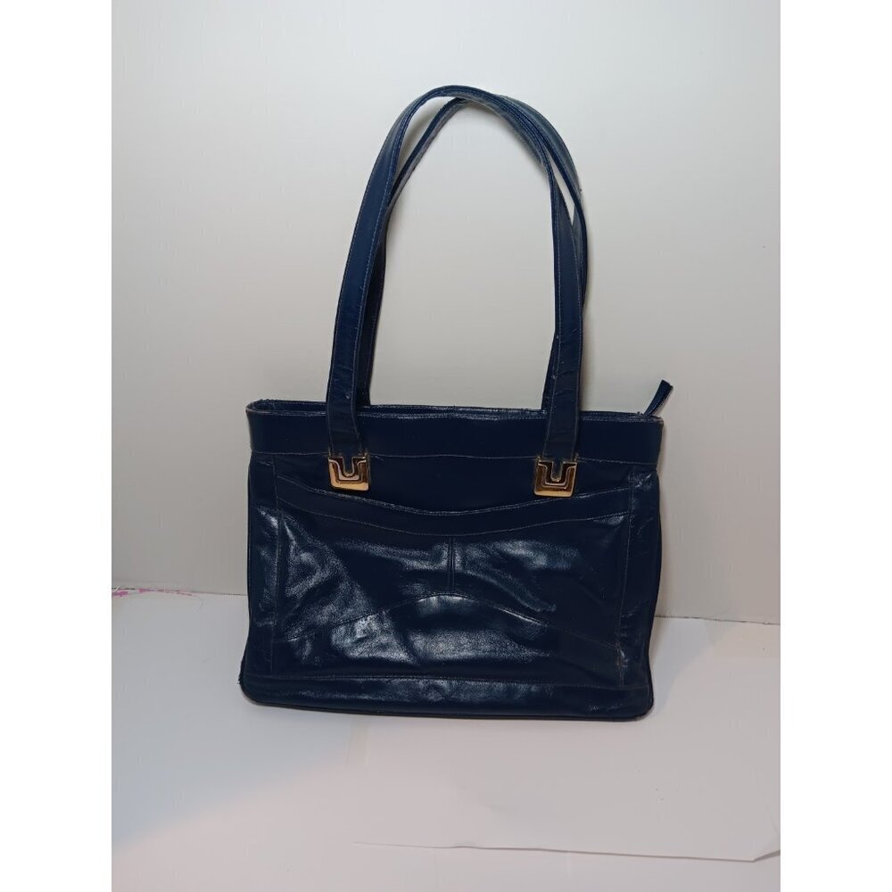 70s Vintage Lou Taylor Deep Blue Itialian Leather Handbag W/ Swivle Gold Mirror